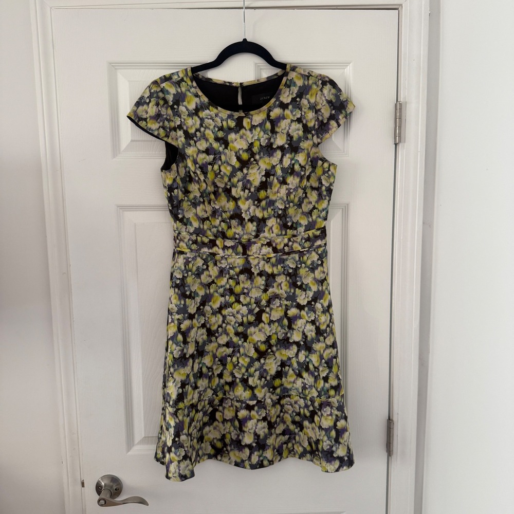 J Crew Floral Dress Short Sleeve Fit Flare 4 Party Yellow Black Cap Sleeve Lined